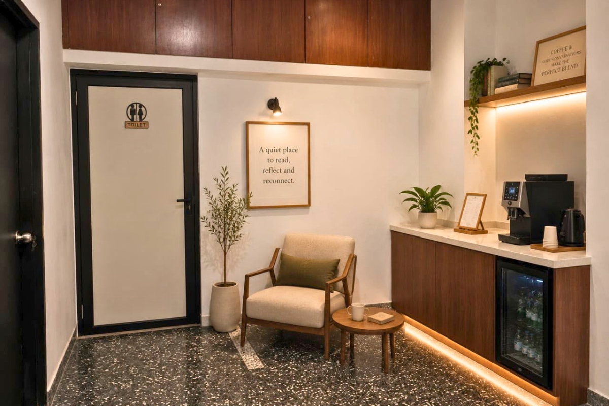 A resident relaxing in a private hotel-inspired suite in the evening at Lumina Care