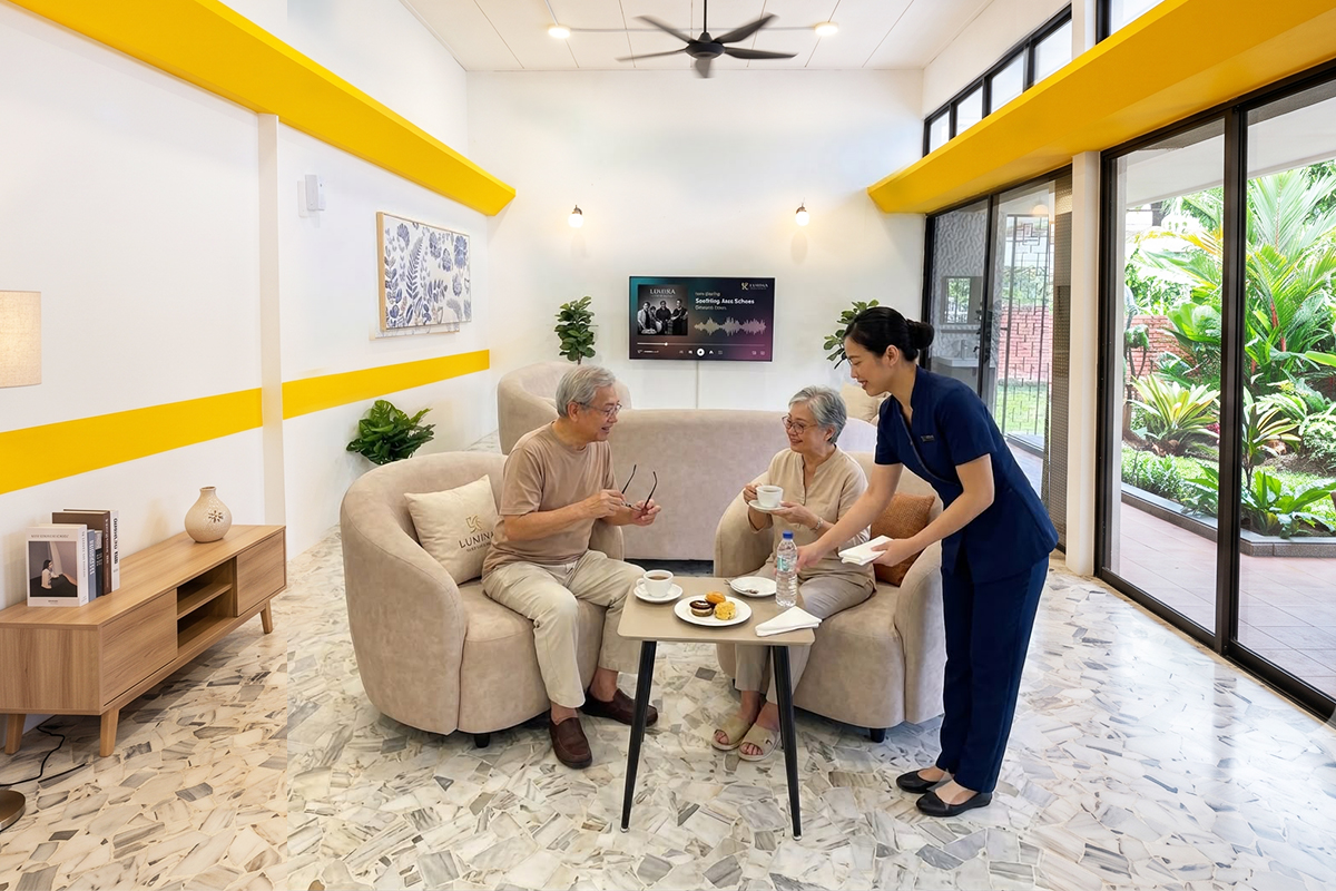 Residents enjoying afternoon tea and games in the sunlit lounge at Lumina Care